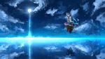  blue_hair boots cloud clouds dress food fruit full_moon hat highres hinanawi_tenshi keystone long_hair moon night night_sky peach red_eyes reflection scenery shuizao_(little_child) sitting skirt sky smile solo touhou water 