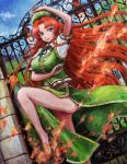  blue_eyes braid fighting_stance gate hat hong_meiling legs long_hair long_legs oil_painting_(medium) red_hair redhead revision scarlet_devil_mansion solo tafuto thighs touhou traditional_media twin_braids 