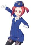  arm_up binsen character_request duel_monster gloves hat open_mouth pantyhose red_eyes red_hair redhead short_hair side_ponytail skirt smile solo tour_guide_from_the_underworld twintails uniform yu-gi-oh! yuu-gi-ou 
