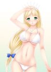 arm_up bikini blonde_hair blush bow breasts clalaclan_philias collarbone cross cross_necklace earrings gradient gradient_background green_eyes hair_bow highres jewelry large_breasts lintanghaseo long_hair looking_at_viewer navel parted_lips shining_(series) shining_wind shiny shiny_skin skindentation solo strap_gap swimsuit tiara white_bikini 