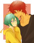  1girl aine_(haibane) aquarion_(series) aquarion_evol closed_eyes couple eyes_closed green_hair hair_ribbon hands_in_sleeves highres hoodie kagura_demuri open_mouth purple_eyes red_hair redhead ribbon short_hair shush_(aquarion_evol) smile tank_top violet_eyes yellow_eyes zessica_wong 