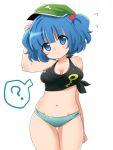  ? blue_eyes blue_hair blush breasts cleavage collarbone flying_sweatdrops hair_bobbles hair_ornament hat ica kawashiro_nitori key midriff navel panties short_twintails solo tank_top tied_shirt touhou twintails underwear 