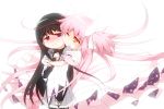  akemi_homura black_hair blush bow cheek-to-cheek dress gloves goddess_madoka hair_bow hair_ribbon hug kaname_madoka long_hair magical_girl mahou_shoujo_madoka_magica multiple_girls omochi_(433purupuru) pink_hair purple_eyes ribbon skirt smile spoilers twintails ultimate_madoka violet_eyes yellow_eyes 