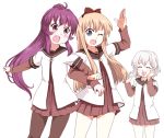  &gt;;d :d ;d ^_^ ahoge arm_hug black_legwear blonde_hair blood blue_eyes bow closed_eyes eyes_closed glasses glasses_removed hair_bow ikeda_chitose ki_(adotadot) long_hair multiple_girls nosebleed open_mouth pantyhose ponytail purple_eyes purple_hair school_uniform serafuku short_hair silver_hair simple_background smile sugiura_ayano toshinou_kyouko white_background wink yuru_yuri 