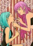  bangle blue_hair bracelet closed_eyes earrings eyes_closed floral_background hand_on_chin hatsune_miku jewelry lips lipstick makeup megurine_luka mirror pink_hair sayococco striped striped_background traditional_media vocaloid 