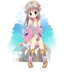  atelier_totori bare_shoulders boots brown_hair frills grey_eyes hat kanikama looking_at_viewer revision sitting smile solo strap_slip totooria_helmold 