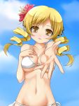  bare_shoulders bikini blonde_hair breasts collarbone drill_hair flower hair_flower hair_ornament hibiscus looking_at_viewer mahou_shoujo_madoka_magica mound_of_venus navel outstretched_arm roura side-tie_bikini solo swimsuit tomoe_mami twin_drills white_bikini yellow_eyes 