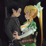  black_eyes black_hair blonde_hair blush breast_press breasts cleavage green_eyes kirito kirito_(sao-alo) leafa long_hair pointy_ears ponytail sword_art_online 