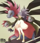  1girl alternate_hairstyle cape character_name dark_skin dragon english highres holding holding_poke_ball hydreigon iris_(pokemon) long_hair official_style poke_ball pokemon pokemon_(creature) pokemon_(game) pokemon_bw pokemon_bw2 ponytail purple_hair red_eyes souji title_drop wide_sleeves 