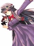  2girls :o alternate_costume blue_eyes bow bowtie capelet colored commentary commentary_request crescent dress hair_bow hat head_wings koakuma long_hair looking_at_viewer minigirl multiple_girls outstretched_arm patchouli_knowledge purple_hair red_eyes red_hair redhead shiren_(monochrome_structure) touhou white_background wings yutazou 