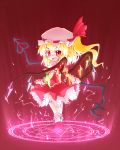  :d arinu blonde_hair flandre_scarlet from_behind hat hat_ribbon looking_back magic_circle open_mouth red_eyes ribbon side_ponytail smile solo sparks touhou wings 