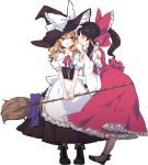  absurdres black_hair blonde_hair blush boots bow braid broom corset cross-laced_footwear detached_sleeves hair_bow hakurei_reimu hat highres kirisame_marisa lace-up_boots multiple_girls revision short_hair simple_background touhou v_arms whispering witch_hat yellow_eyes yonu yonu_(yonurime) 