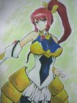  1girl armor artist_request bare_shoulders blazblue blazblue:_chronophantasma breasts detached_sleeves faulds hair_ornament izayoi_(blazblue) large_breasts long_hair orange_eyes photo ponytail red_hair redhead solo traditional_media tsubaki_yayoi 