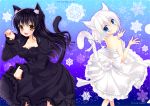 :d animal_ears black_hair blue_eyes breasts cat_ears cat_tail cleavage copyright_request dress highres multiple_girls open_mouth paw_pose ribbon smile snowflakes tail tail_ribbon tamakake white_hair yellow_eyes 