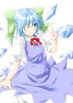  blue_eyes blue_hair bowtie cirno dress highres ice ice_wings niwatazumi short_hair smile solo touhou v wings wink 