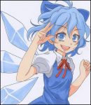  1girl blue_eyes blue_hair cirno hair_ribbon looking_at_viewer open_mouth ribbon s-syogo short_hair simple_background smile solo touhou traditional_media 