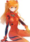  blue_eyes fly_333 hair_ornament long_hair looking_at_viewer neon_genesis_evangelion orange_hair plugsuit rebuild_of_evangelion shikinami_asuka_langley sitting solo soryu_asuka_langley souryuu_asuka_langley two_side_up wariza white_background 