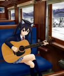  animal_ears black_hair brown_eyes cat_ears guitar highres hirondo instrument k-on! long_hair nakano_azusa school_uniform train train_interior twintails 
