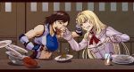  battle blonde_hair blue_eyes border brown_eyes brown_hair cheek_pinching chopsticks eating elbow_gloves emilie_de_rochefort emphasis_lines fingerless_gloves food food_clash fork gloves highres hornhell kazama_asuka meat multiple_girls noodles pinching short_hair sports_bra tears tekken wince 