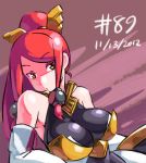  bare_shoulders blazblue blazblue:_chrono_phantasma breasts bust dated detached_sleeves hair_ornament hair_tubes halterneck izayoi_(blazblue) junkpuyo large_breasts leaning_back long_hair ponytail red_hair redhead solo yellow_eyes 