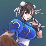  1girl black_hair bracelet breasts brown_eyes bun_cover bust china_dress chinese_clothes chun-li double_bun eyeshadow fighting_stance jewelry kuzumin large_breasts makeup sash short_hair solo spiked_bracelet spikes standing_on_one_leg street_fighter 