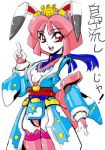  adapted_costume animal_ears buck_teeth bunny_ears detached_sleeves female hair_ornament japanese_clothes kimono kyatto_ninden_teyandee obi pink_hair pink_legwear pointing rabbit_ears red_eyes short_hair solo takeshi_aono thigh-highs thighhighs tokugawa_usako usa_hime 