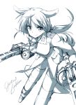 &gt;:) animal_ears character_name dog_ears dual_drum_magazine dual_wielding gertrud_barkhorn gun holding long_hair looking_at_viewer machine_gun mg42 military military_uniform paprika_(artist) ribbon sketch smile solo strike_witches striker_unit tail twintails uniform weapon 