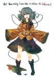  boots colored_pencil_(medium) english green_eyes hat hat_removed hat_ribbon headwear_removed komeiji_koishi long_sleeves looking_at_viewer open_mouth outstretched_arms ribbon ringed_eyes shirt silver_hair skirt solo terajin third_eye touhou traditional_media typo wide_sleeves 