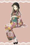  brown_eyes brown_hair eto_ichika floral_print hat japanese_clothes kimono obi original sitting smile socks solo 