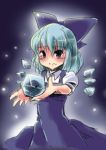  aura black_background blue_dress blue_eyes blue_hair blush bow cirno dress hair_bow hinghoi ice ice_wings looking_at_viewer puffy_sleeves sad short_sleeves solo tears touhou wings 