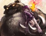  animal_ears annie_hastur aoin backpack bag bear claws evil_grin evil_smile fire green_eyes grin hairband highres league_of_legends multiple_tails pink_hair short_hair smile striped striped_legwear tail tibbers 