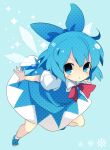  blue_dress blue_eyes blue_hair blush bow cirno dress full_body hair_bow hair_ornament looking_at_viewer o3o shoes short_hair solo touhou wings yuzuki_gao 