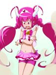  1girl adapted_costume bike_shorts blush cure_happy hair_ornament highres hoshizora_miyuki magical_girl mound_of_venus navel open_mouth open_skirt pink_bike_shorts pink_eyes pink_hair precure shorts_under_skirt skirt smile_precure! solo tam2 tiara twintails white_background 