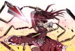  arm_up armpits bare_shoulders black_legwear bow detached_sleeves glint gradient gradient_background hair_bow highres holding long_hair magical_girl mahou_shoujo_madoka_magica outline outstretched_arm red_eyes red_hair redhead sakura_kyouko skirt solo thigh-highs thighhighs uousa weapon 