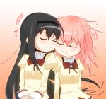  akemi_homura black_hair blush bow cheek-to-cheek cheek_press closed_eyes eyes_closed hair_down hair_ribbon hairband heart kaname_madoka luminous_(madoka_magica) mahou_shoujo_madoka_magica multiple_girls omochi_(433purupuru) pink_hair ribbon school_uniform smile 