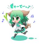  :d animal_ears arinu black_legwear blush_stickers cosplay detached_sleeves green_eyes green_hair hatsune_miku hatsune_miku_(cosplay) holding kasodani_kyouko leg_up musical_note necktie open_mouth short_hair skirt smile solo spring_onion tail thigh-highs thighhighs touhou translation_request vocaloid 