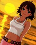  ahoge arms_behind_back awakened_miki bare_shoulders brown_hair collarbone dutch_angle green_eyes highres hoshii_miki idolmaster idolmaster_2 jewelry looking_at_viewer midriff minato-13 minato_kazumi navel necklace open_mouth revision short_hair smile solo sunset tank_top 