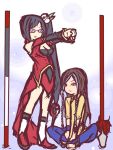  1girl bare_shoulders black_hair blazblue blue_hair breasts brown_hair butterfly_sitting chibi chinese_clothes cleavage front_braid glasses king_of_fighters litchi_faye_ling long_hair multicolored_hair mumu_(spitfire) nono_(spitfire) purple_eyes red_eyes shion_(kof) side_ponytail sitting staff stretch trap two-tone_hair very_long_hair violet_eyes 