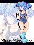 absurdres blue_eyes blue_hair boots breasts character_name hair_bobbles hair_ornament highres kawashiro_nitori no_hat no_headwear open_mouth school_swimsuit short_hair solo swimsuit touhou twintails wink wrench zoom_layer 