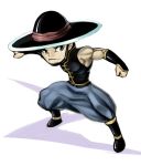  1boy baggy_pants black_hair boots brown_eyes chibi chin_strap chinese_clothes fighting_stance hat koi_drake kung_lao mortal_kombat muscle solo vambraces 