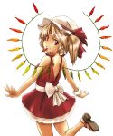  ao_usagi bare_shoulders blonde_hair chili dress flandre_scarlet from_behind grin hat hat_ribbon leg_up looking_at_viewer mouth_hold pepper red_dress red_eyes ribbon sandals side_ponytail smile solo touhou wings 