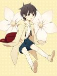  backpack bag brown_eyes brown_hair child fate/zero fate_(series) flower hoodie kotomine_kirei light_persona lily_(flower) shorts sleeves_past_wrists solo yinxisan young 