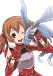  bare_shoulders blush breastplate brown_hair detached_sleeves dragon fingerless_gloves gloves pina_(sao) ponz red_eyes short_twintails silica smile sword_art_online twintails wings wink 