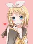  blue_eyes bow finger_to_mouth hair_ornament hairclip heart hiro_(hirohiro31) kagamine_rin pink_background solo vocaloid 