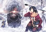  black_hair black_legwear headphones kneeling locomotive long_hair microphone microphone_stand original pantyhose plaid plaid_scarf recording revision scarf smoke snow sony steam_locomotive strap_cleavage tape_recorder train vania600 winter_clothes 