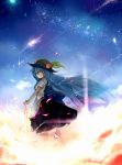  absurdres arai_seiryuu blue_hair dress food fruit hands_on_hilt hat highres hinanawi_tenshi leaf long_hair peach profile red_eyes resized revision smile solo star_(sky) sword sword_of_hisou touhou very_long_hair weapon 