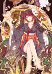  barefoot black_hair crossed_legs fang feet fox_mask hatsune_miku head_tilt japanese_clothes kimono long_hair mask musunde_hiraite_rasetsu_to_mukuro_(vocaloid) nail_polish nailad noose open_mouth red_eyes sitting solo toenail_polish twintails very_long_hair vocaloid wink 