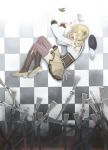  beret blonde_hair blood boots brown_legwear butterfly checkered checkered_floor closed_eyes corset death detached_sleeves drill_hair eyes_closed fingerless_gloves from_above gloves gun hair_ornament hairpin hat hat_removed headwear_removed highres kuuyuu lying magical_girl magical_musket mahou_shoujo_madoka_magica on_side pleated_skirt revision ribbon rifle skirt solo taut_shirt thigh-highs thighhighs tomoe_mami twin_drills vertical-striped_legwear vertical_stripes weapon zettai_ryouiki 
