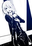  1girl against_wall blue copyright_request formal hair_ornament hair_over_one_eye hairclip highres hiroaki_(huruhonya) monochrome open_mouth solo suit 
