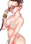  alien bikini breasts cleavage dated glasses grin kusagami_style large_breasts navel original phone side-tie_bikini signature smile solo swimsuit what white_background 